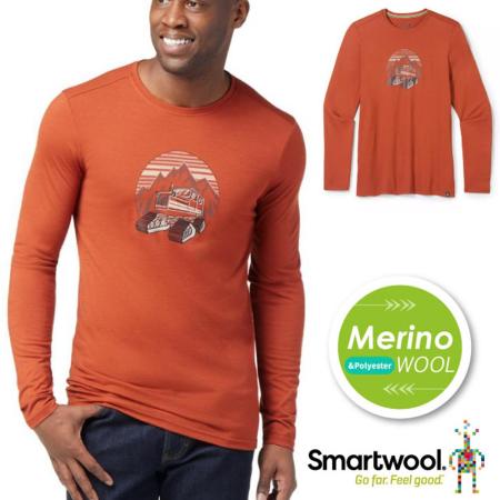 【美國 SmartWool】男 美麗諾羊毛控溫圓領長袖塗鴉T恤(鏟雪車)/SW016682-J33 暗橙✿30E010